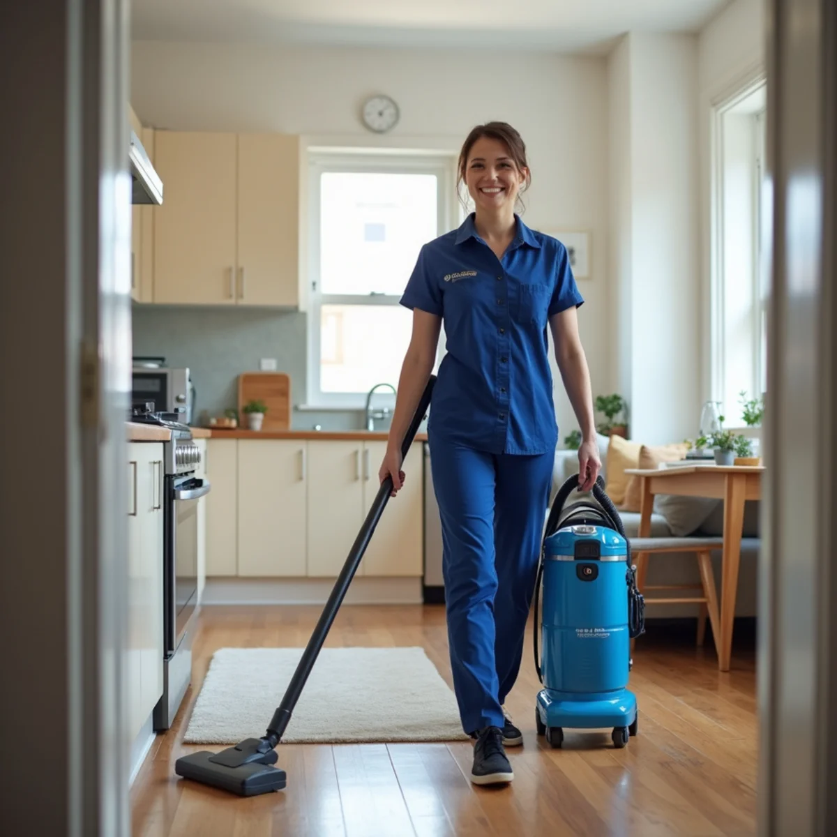 Cleaner maintaining a bright New York apartment on a recurring schedule