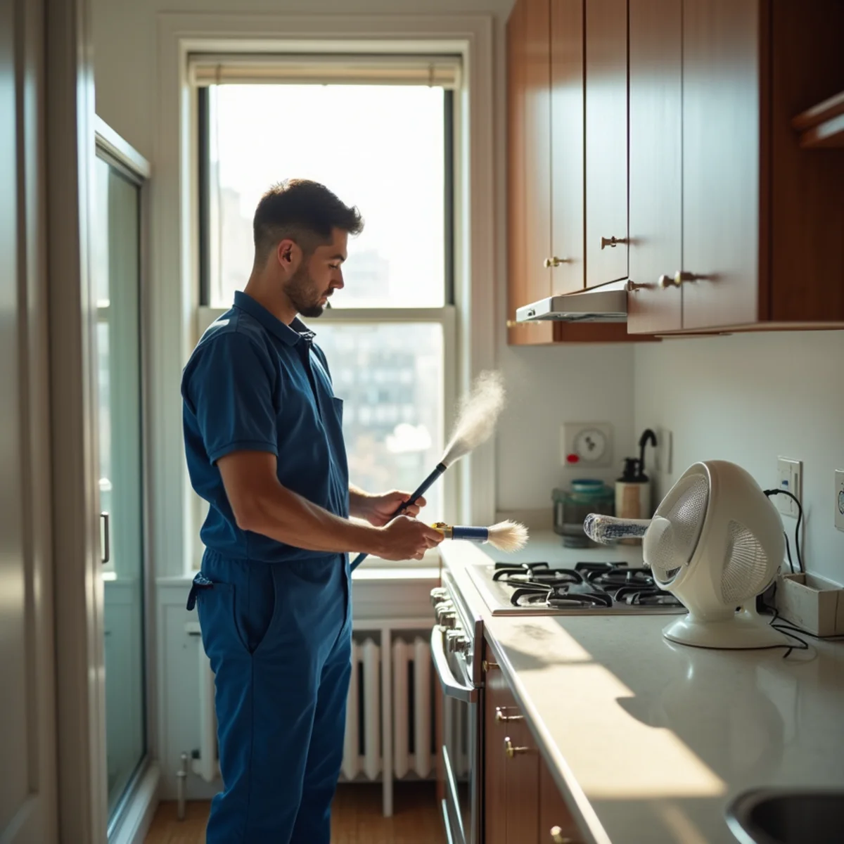 Bright New York apartment being cleaned during summer